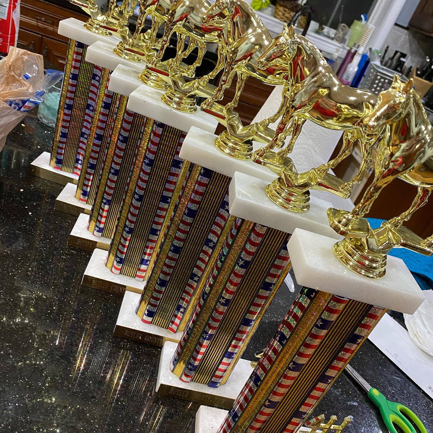 Butler County Fair horse trophies lined up on the kitchen counter.