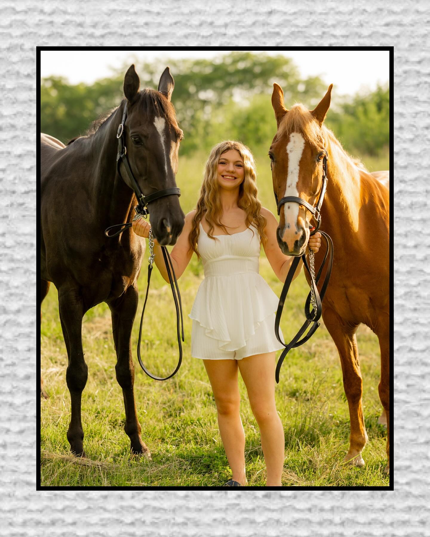 John Wick and a chestnut companion with Rylee in a professional portrait with a decorative border.
