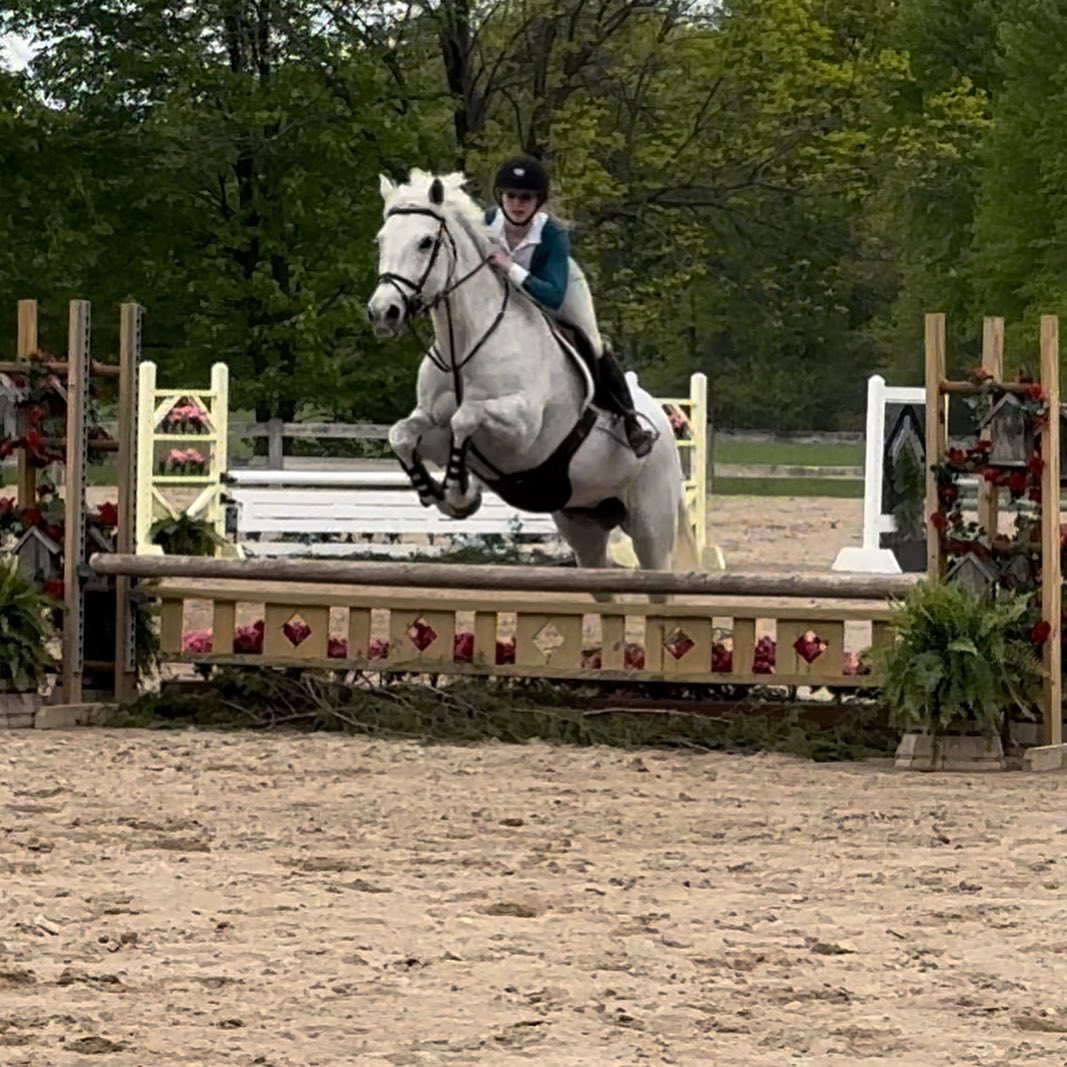 Rylee and Snowflake jumping a decorated oxer.
