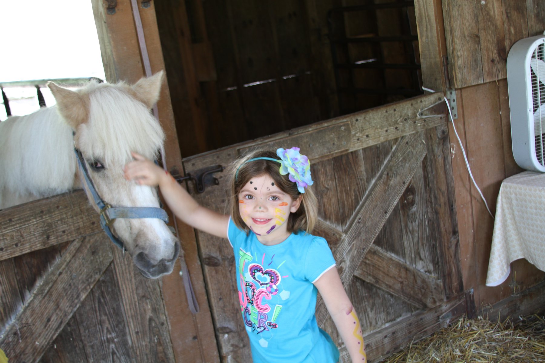 A face-painted little Rylee petting a white pony at Sunrock Farm.