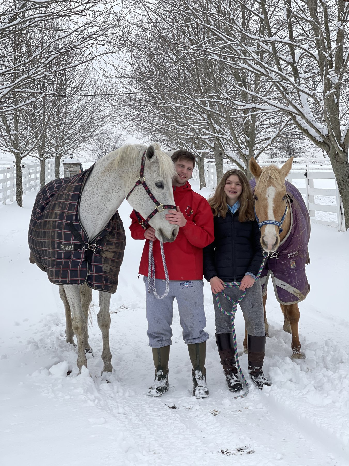 Kaleb and Rylee holding both blanketed horses beneath snow-laden branches.