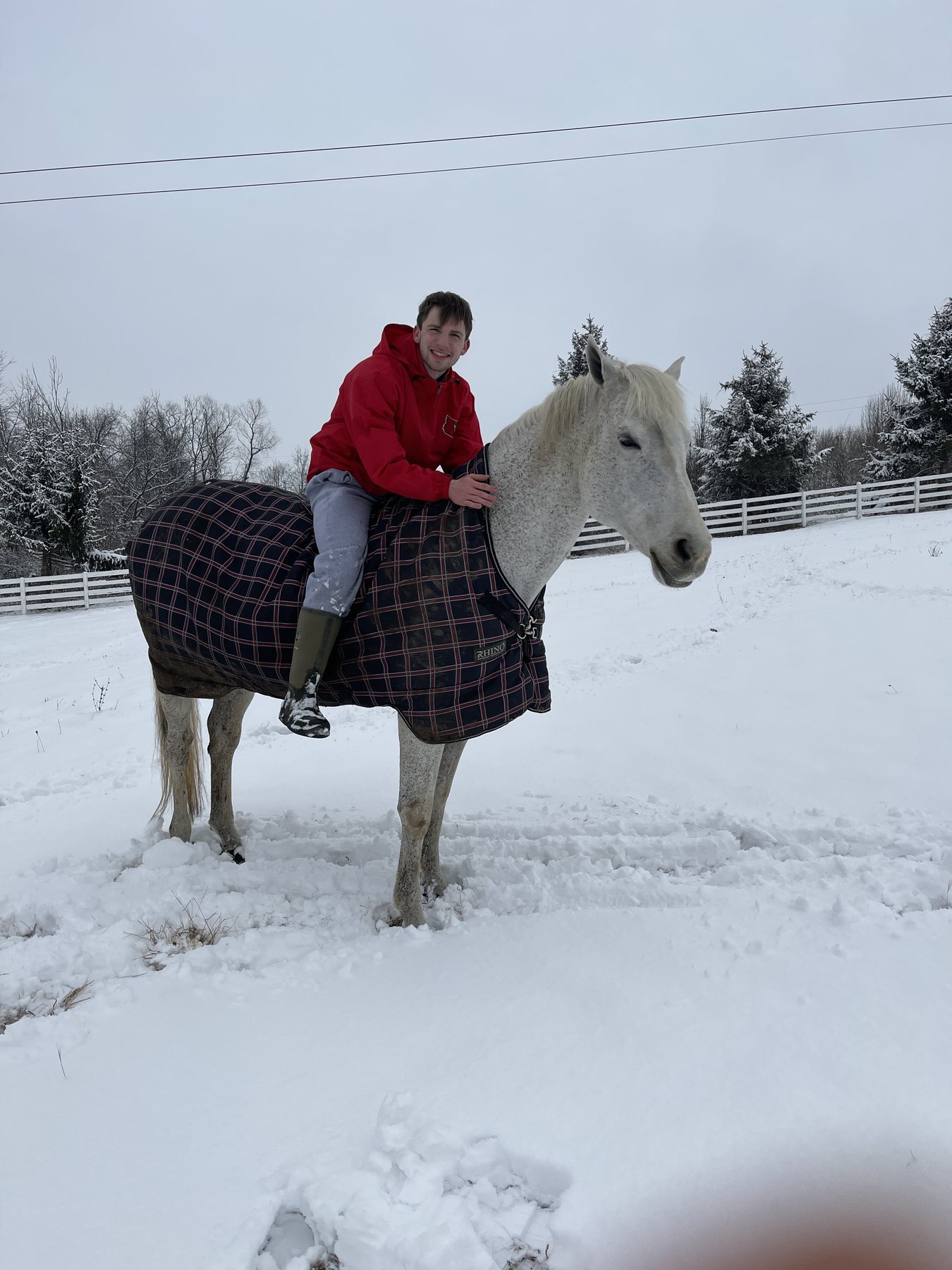 Kaleb posing beside the plaid-blanketed gray in the snowy paddock.