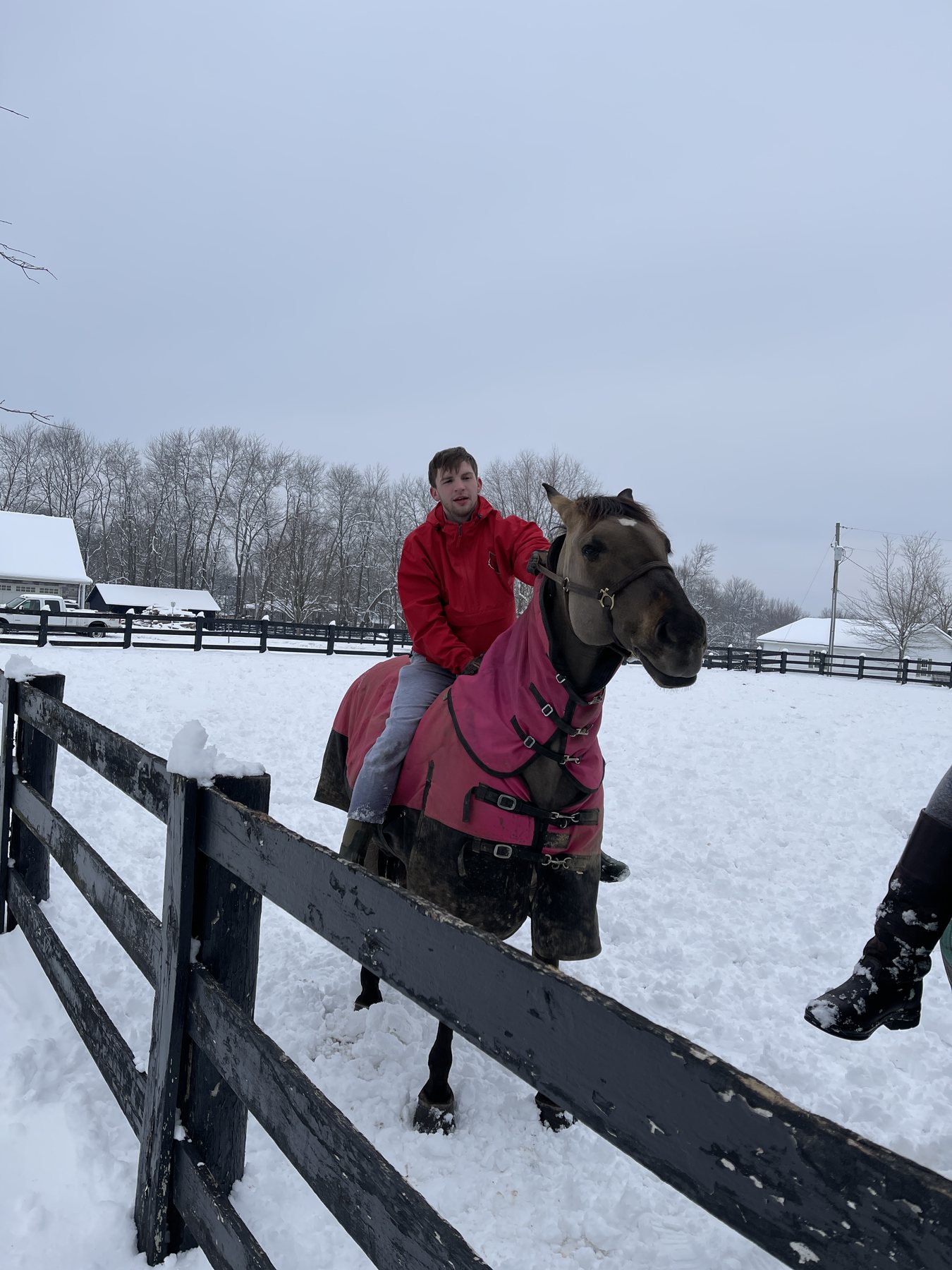 Kaleb bareback on the blanketed buckskin beside the black fence in the snow.