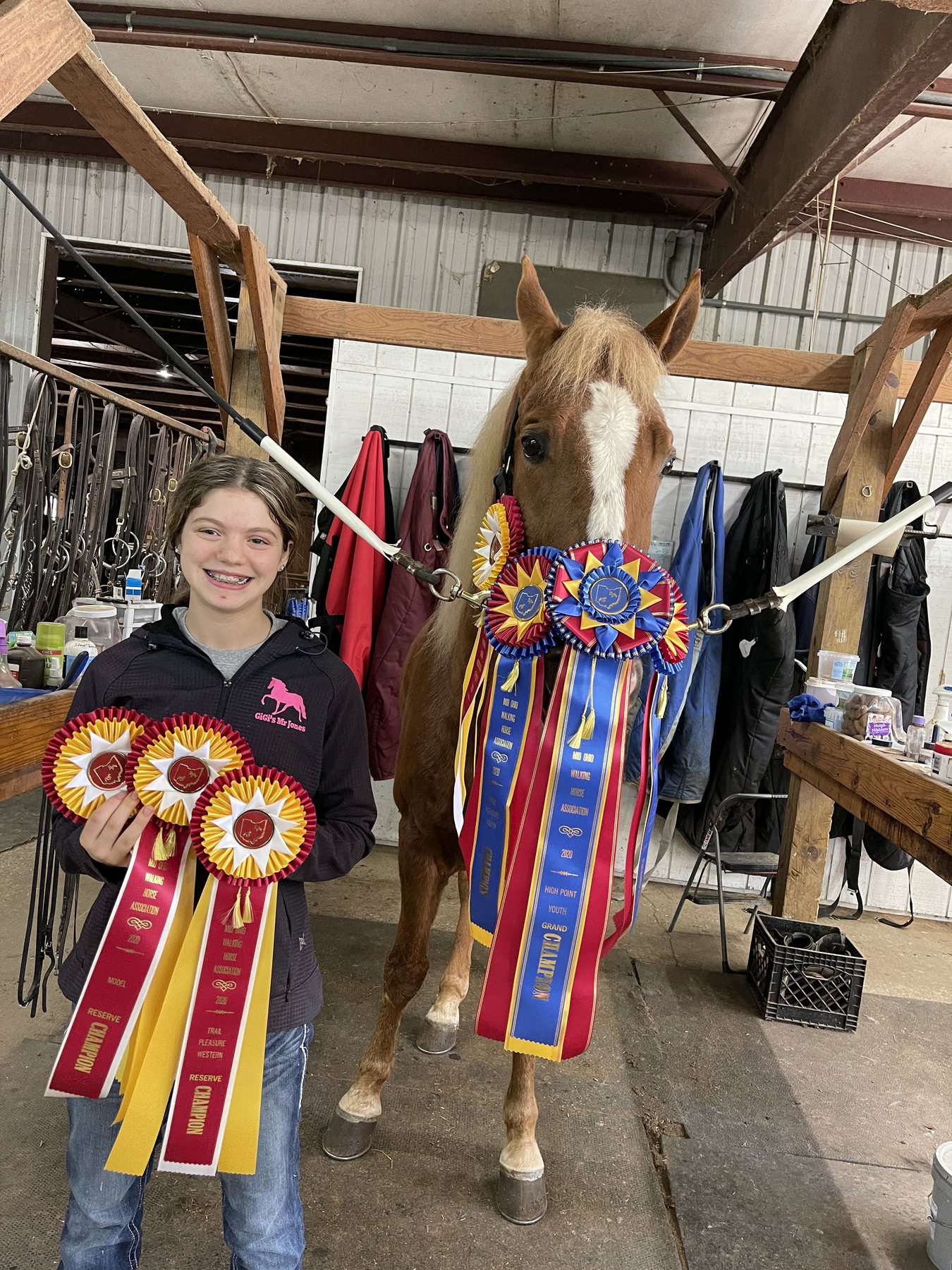 Rylee with an armful of champion rosettes beside her pony in the barn aisle.
