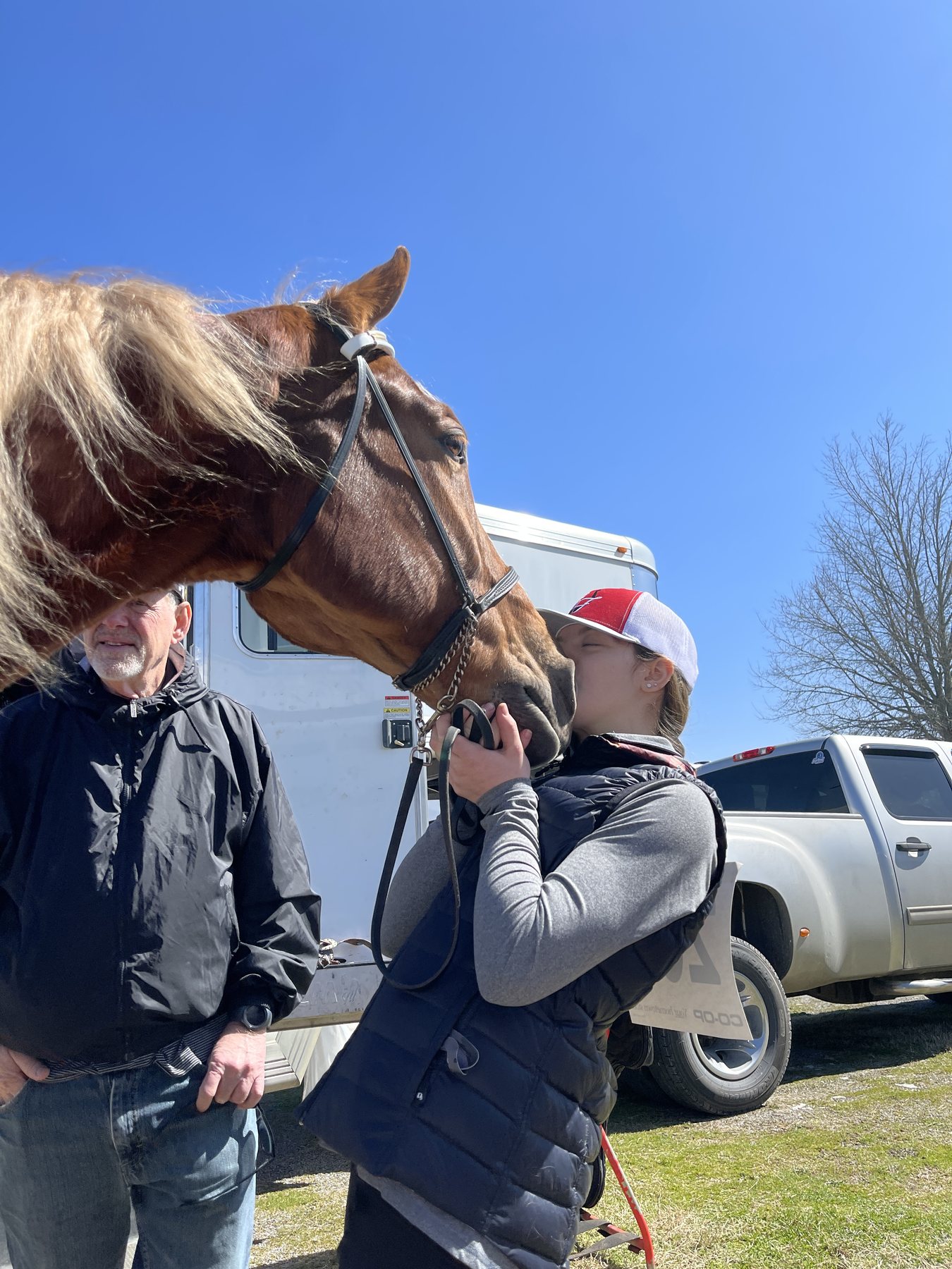Rylee nose-to-nose with the chestnut at the trailer on show morning.
