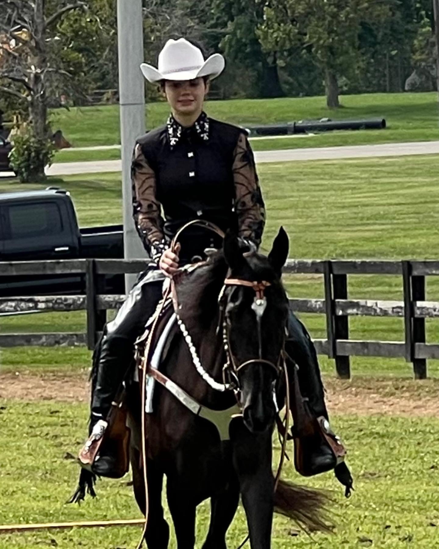 Rylee in a white hat riding a black Walking Horse in western tack with pink accents.