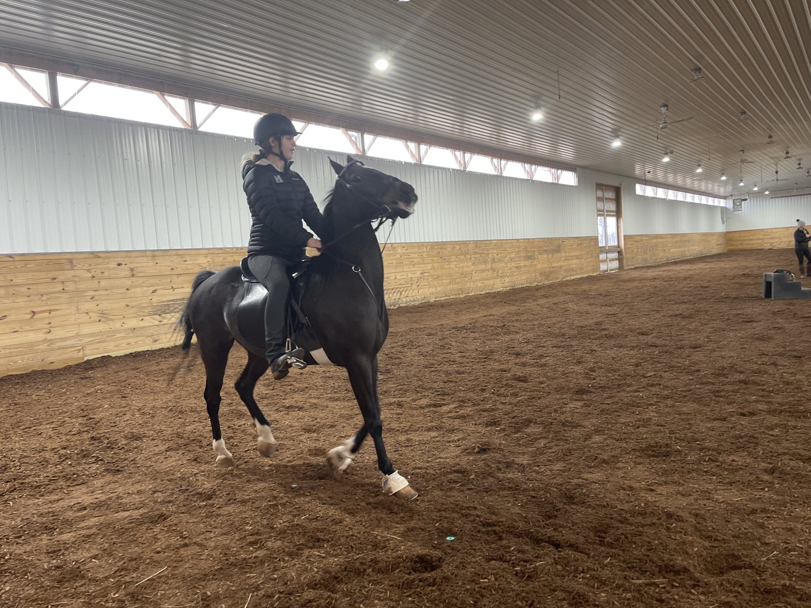 Rylee cantering a dark horse down the long side of the indoor arena during a winter lesson.