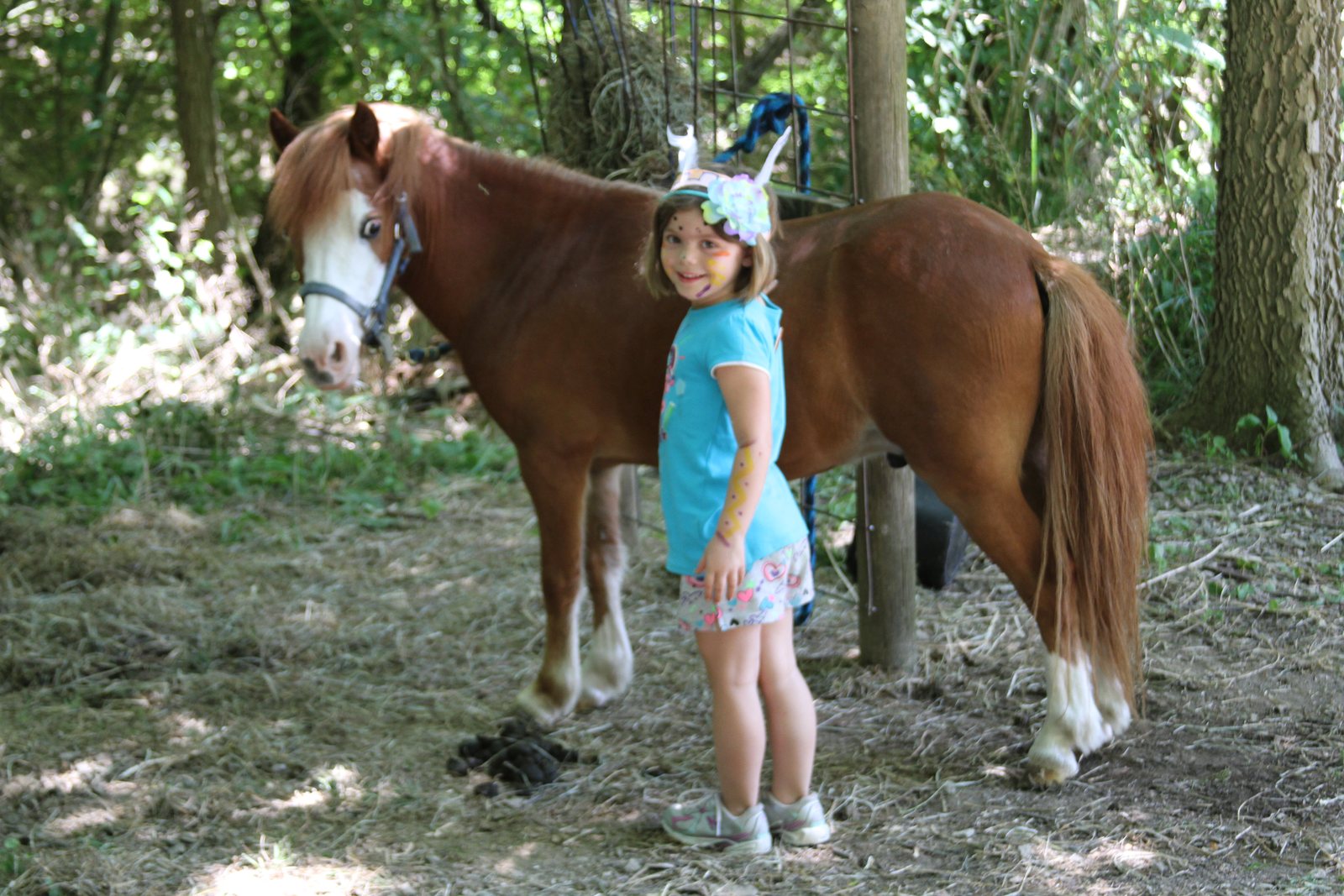 A very young Rylee in face paint standing beside a chestnut pony at Sunrock Farm.