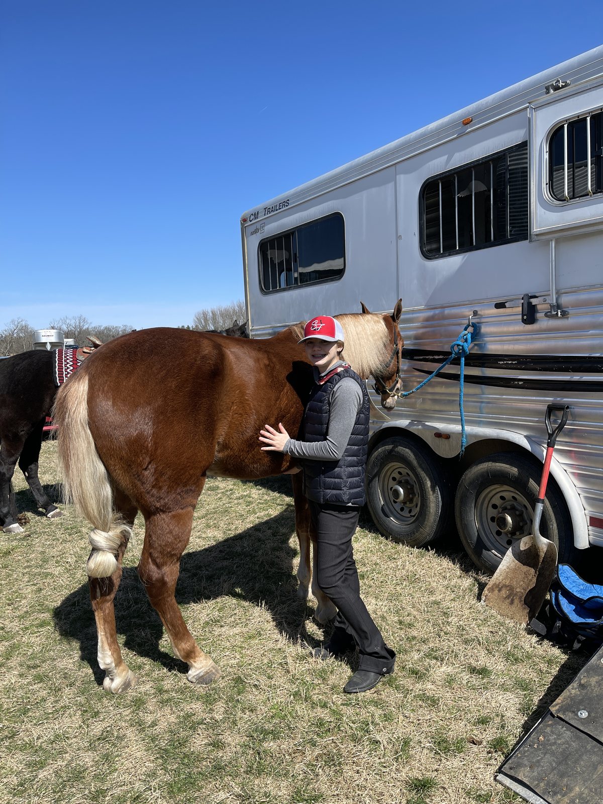 Rylee greeting a chestnut horse beside the trailer on a bright show morning.