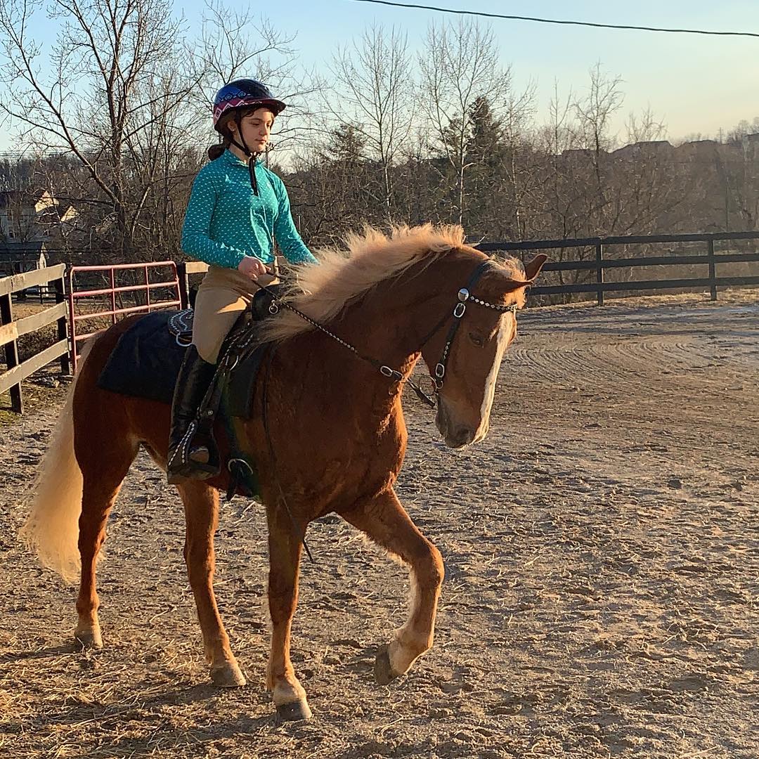 A young Rylee riding a wide-blazed flaxen chestnut in the golden-hour paddock.