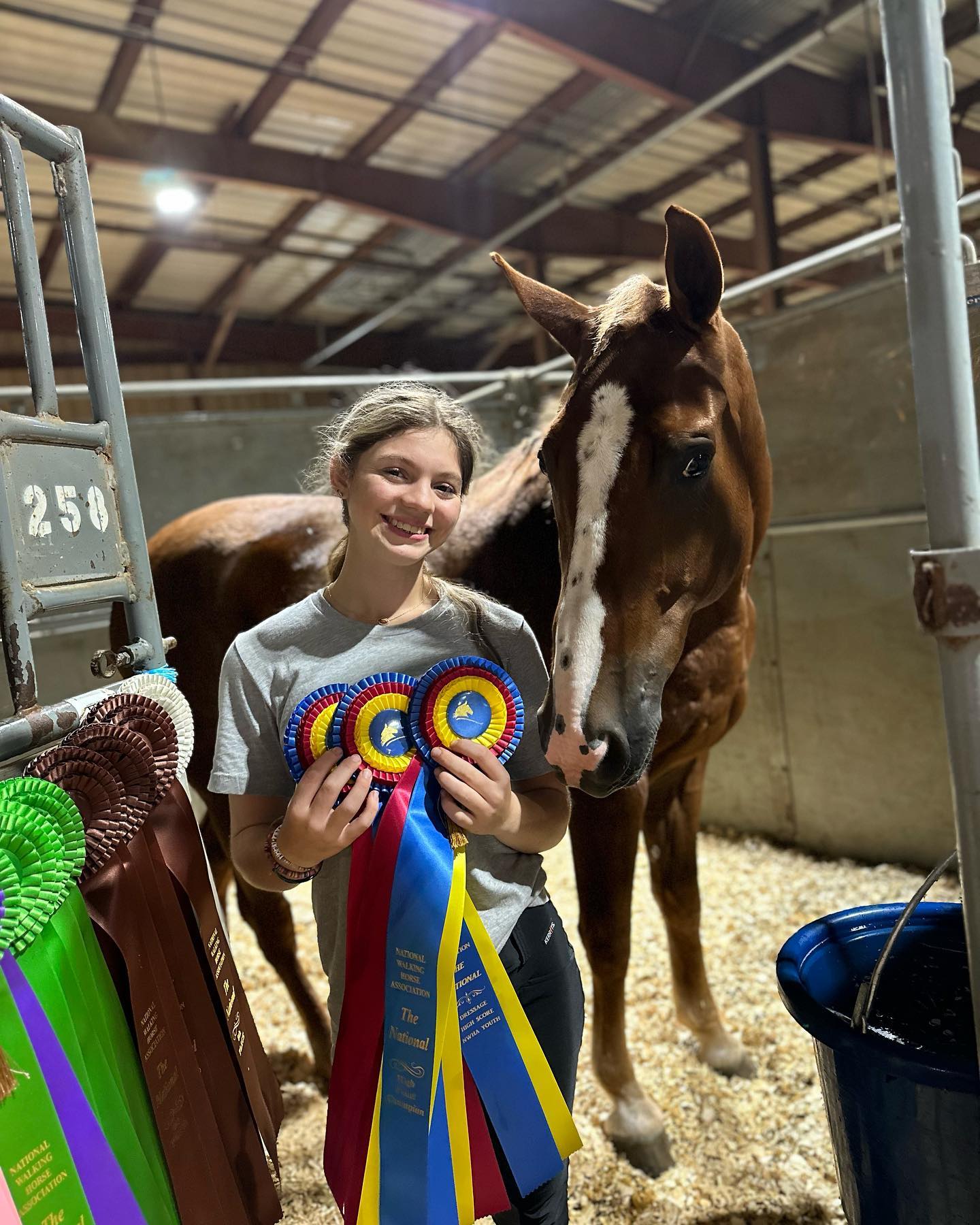 Rylee with NWHA National tri-color ribbons beside a spotted-blaze chestnut at stall 250.