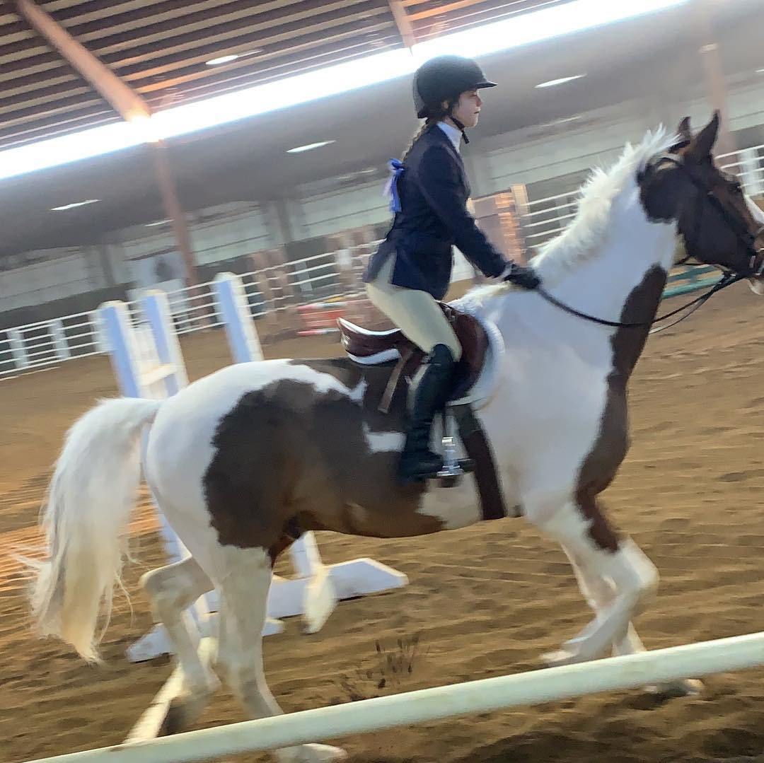 Rylee with braided hair cantering a white-maned pinto in show attire.