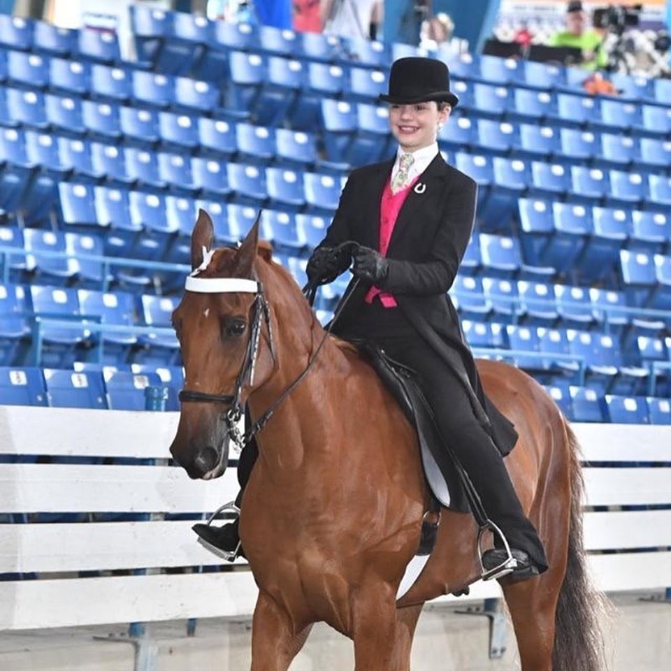 A sharp professional shot of Rylee in saddle-seat habit at the big arena.