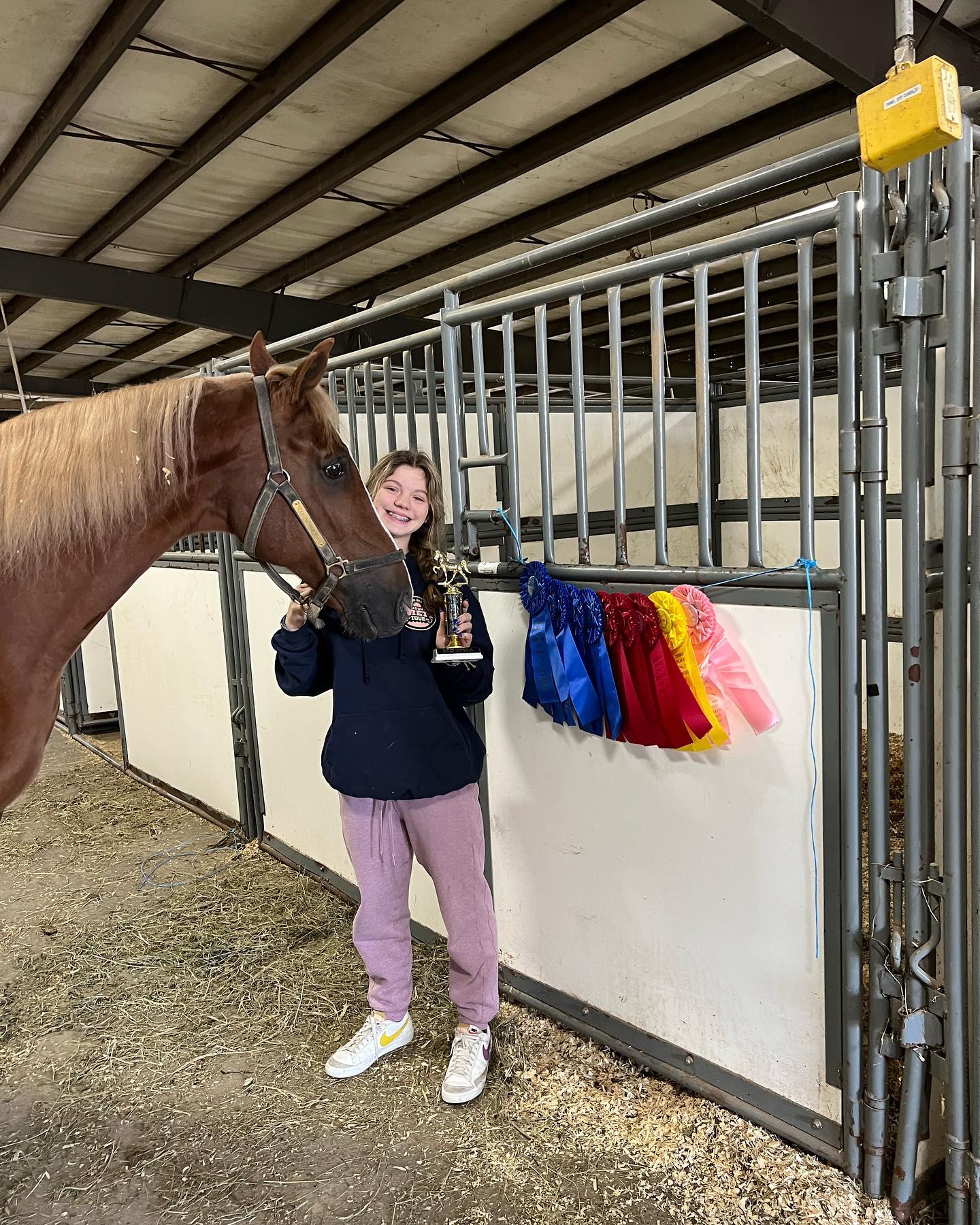 Rylee with a trophy and ribbon string at the show stalls beside a flaxen chestnut.