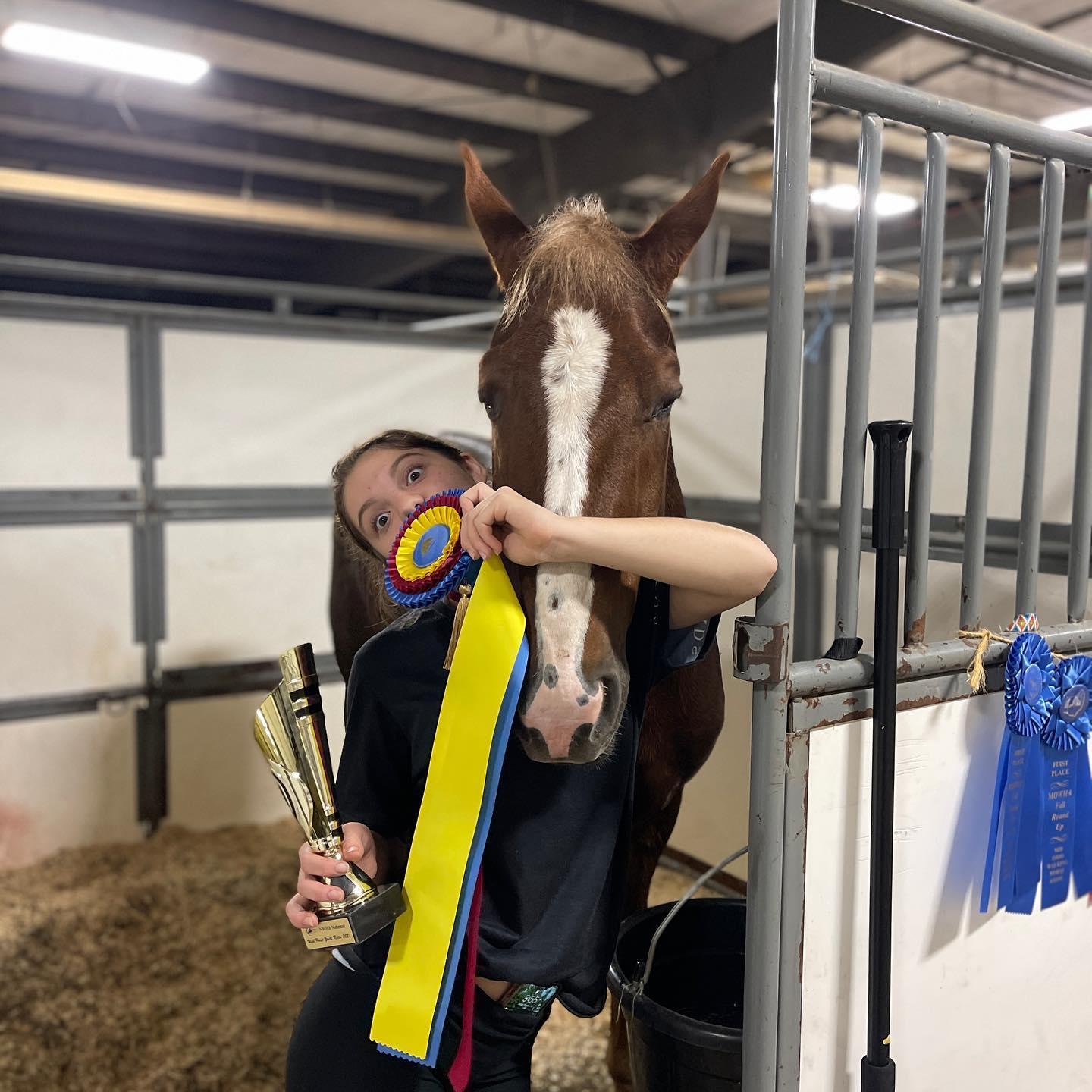 Rylee peeking around a chestnut Walking Horse in the stall with a trophy and national ribbon.