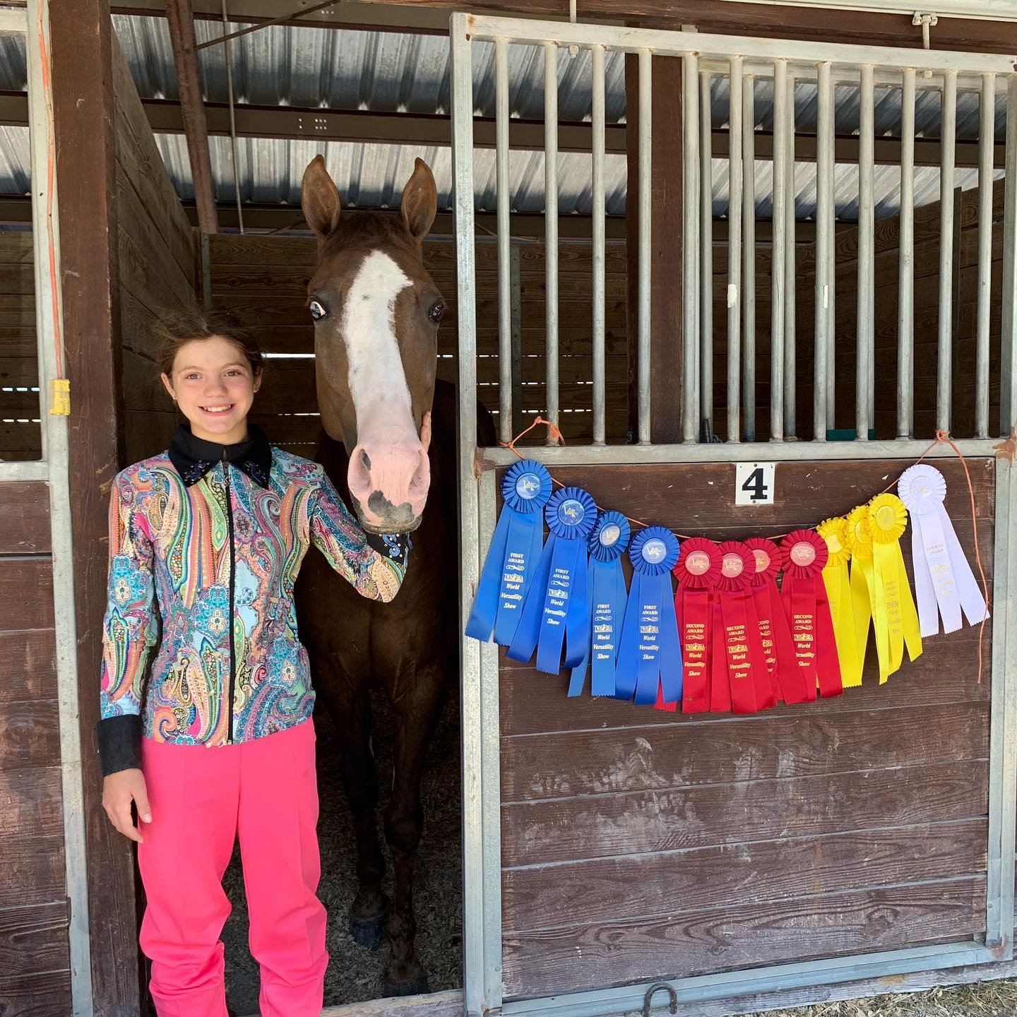 Rylee in a paisley show shirt with a blazed horse and first and second place ribbon banner at stall 4.