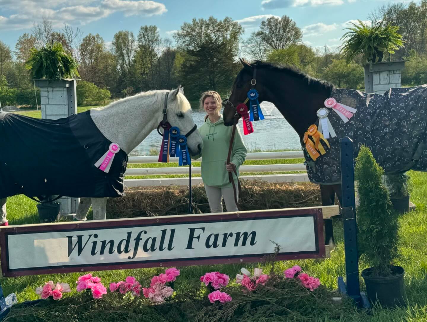 Rylee in a green hoodie between a gray pony and a bay horse decked in Windfall Farm ribbons.