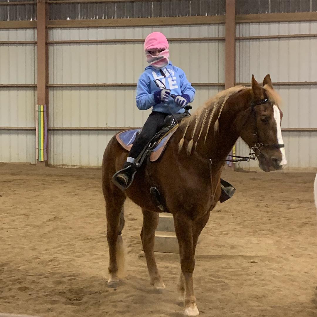 A small Rylee bundled in a pink balaclava for a winter lesson on a braided-mane chestnut.